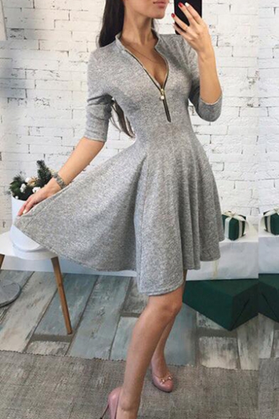 Women's Fashion Plain Long Sleeve Stand Collar Zip-Front Mini A-Line Dress