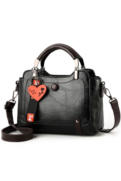 Women's Fashion Solid Color Button Letter Ribbon Heart Embellishment Satchel Tote Handbag 23*10*15 CM