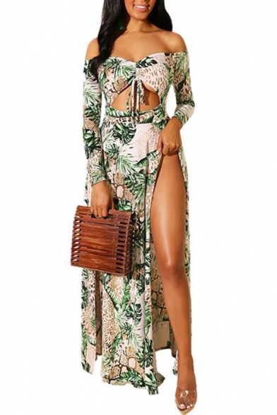 Women's Hot Fashion Off The Shoulder Tribal Printed Split Side Cutout Detail Maxi Swing Dress
