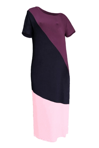 Women's One Shoulder Short Sleeve Colorblock Printed Split Side Casual Maxi Shift Pink Cotton Dress