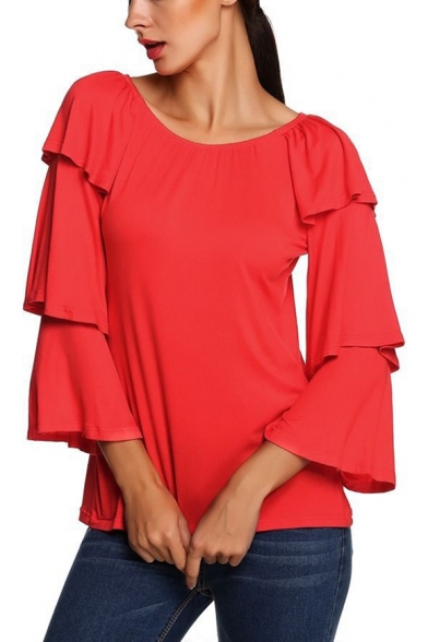 Women's Off The Shoulder Round Neck Ruffle Long Sleeve Solid T-Shirt