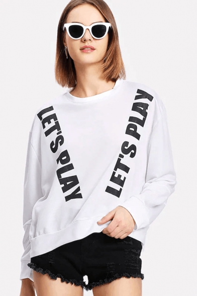 Women's Stylish LET'S PLAY Letter Print Long Sleeve Round Neck White Pullover Sweatshirt