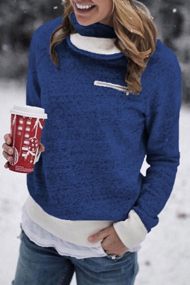 Womens High Neck Long Sleeve Zip Detail Contrast Trim Fleece Sweatshirt