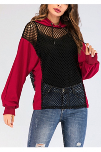 Womens Sexy Hollow Out Fishnet Mesh Panel Long Sleeve Casual Loose Hoodie