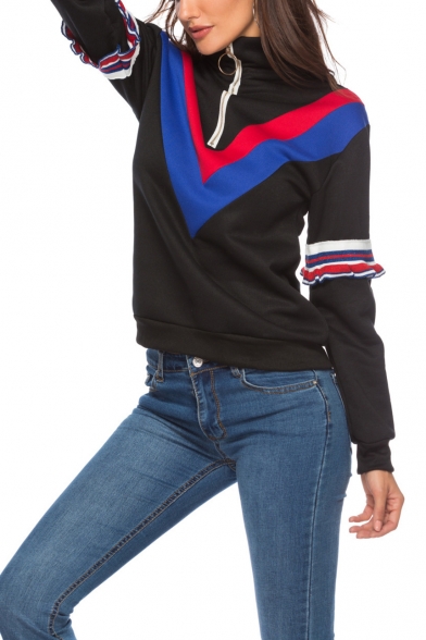 Womens Stylish Chevron Stripe Printed Ruffled Long Sleeve Half-Zip Lapel Collar Black Sweatshirt