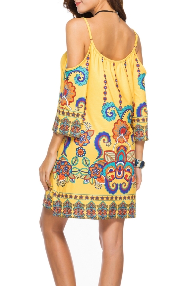 Womens Summer Holiday Fashion Tribal Printed Cold Shoulder Three-Quarter Sleeve Mini Strap Dress Beach Dress