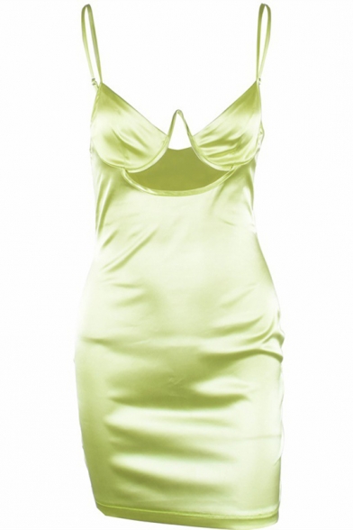 Womens Summer Sexy Cutout Front Sleeveless Light Yellow Mini Bodycon Cami Slip Dress