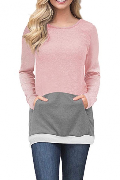 Womens Trendy Colorblock Patchwork Long Sleeve Round Neck Sweatshirt with Pocket