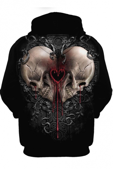 3D Skull Heart Printed Black Long Sleeve Drawstring Hoodie