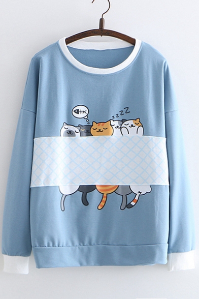 Cartoon Asleep Cats Fish Bone Printed Contrast Trim Round Neck Long Sleeve Sweatshirt