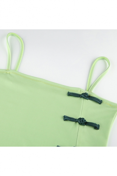 Chic Retro Frog Button Embellished Side Green Mini Bodycon Slip Dress