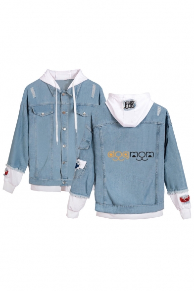Cool Letter DOG MOM Fashion Ripped Patched Hood Long Sleeve Button Down Blue Denim Jacket