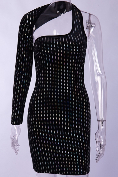 Cool Sexy Hollow Out One Shouler Long Sleeve Hot Drilling Beaded Black Mini Bodycon Night Club Dress