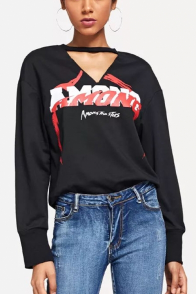 Cool Simple Letter AMONG Hollow Out V-Neck Long Sleeve Black Casual Sweatshirt