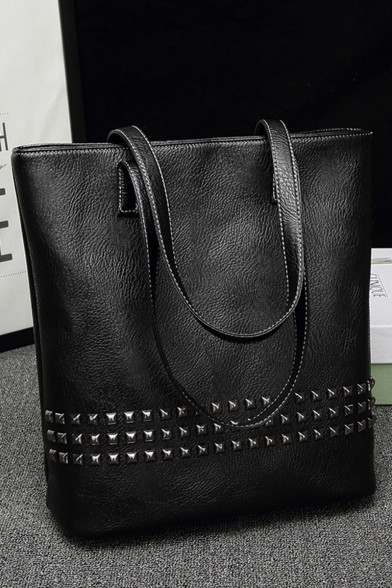 Designer Solid Color Rivet Embellishment PU Leather Shoulder Tote Bag 30*14*33 CM