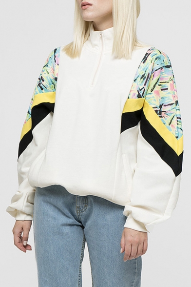 

Fashion Colorblocked Chevron Pattern Half-Zip Stand Collar White Oversized Sweatshirt, LM537905