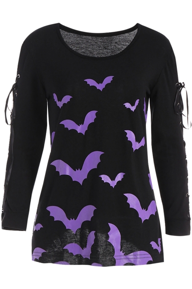 Fashion Halloween Crisscross Tie Mesh Patched Long Sleeve Round Neck Bat Print Black T-Shirt for Women