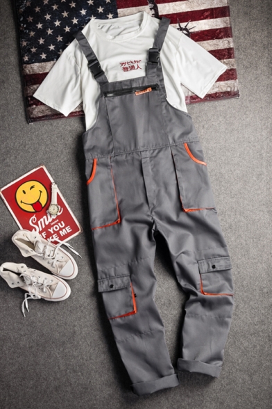Fashion Multi-Pocket Casual Loose Grey Workwear Bib Overalls Jumpsuits