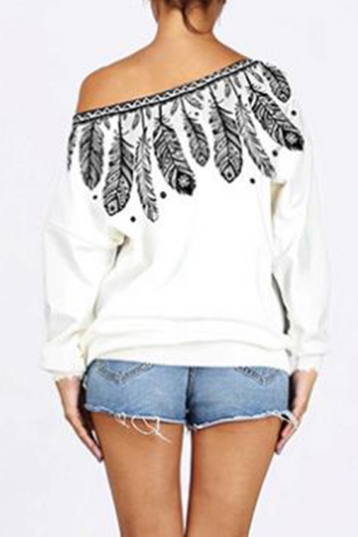 Fashion Oblique Shoulder One Shoulder Feather Printed White Loose Fit Sweatshirt