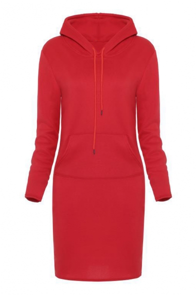 Fashion Solid Color Drawstring Hood Long Sleeve Pocket Midi Sweatshirt Dress