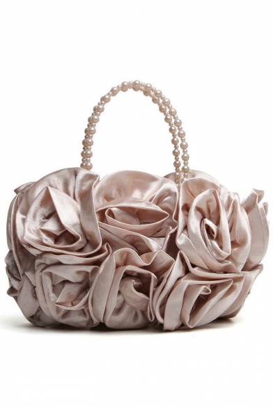 Fashion Solid Color Ruffled Floral Pattern Beaded Handle Clutch Handbag 30*18 CM