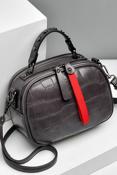 Fashion Stone Texture Pattern Rivet Embellishment Top Handle Zipper Satchel Shoulder Bag 21*9*15 CM