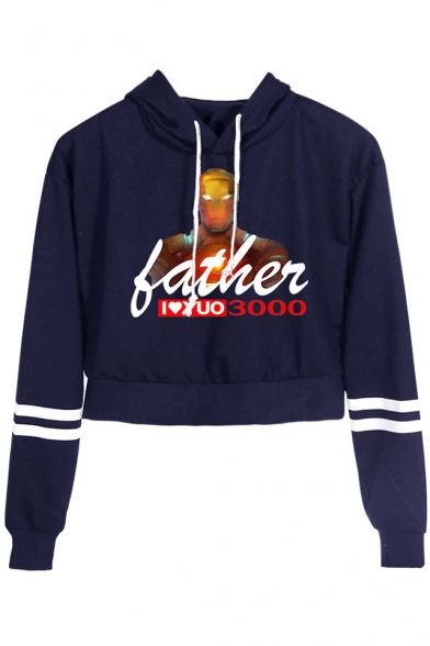Father's Day Cool Iron Figure Letter FATHER I LOVE YOU 3000 Striped Long Sleeve Crop Hoodie
