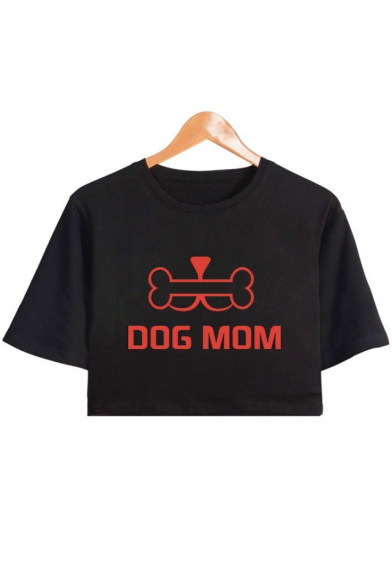 Funny Bone Letter DOG MOM Print Basic Round Neck Short Sleeve Crop Tee