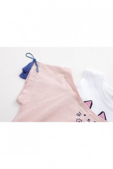 Girls Cute Cat Embroidery Round Neck Cold Shoulder Tassel Short Sleeve Patched Casual T-Shirt