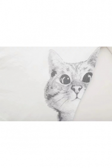 LUDAY Summer Short Sleeve T-Shirt for Women Girls Cute Cat Printed Roll Sleeve Basic Tee Tops