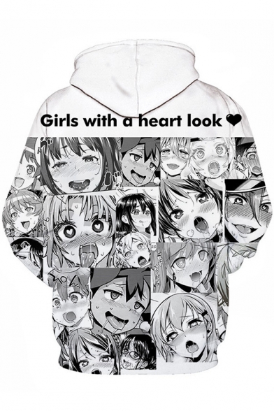 GIRLS WITH A HEART LOOK Letter 3D Comic Ahegao Figure Printed Long Sleeve Unisex Hoodie with Pocket