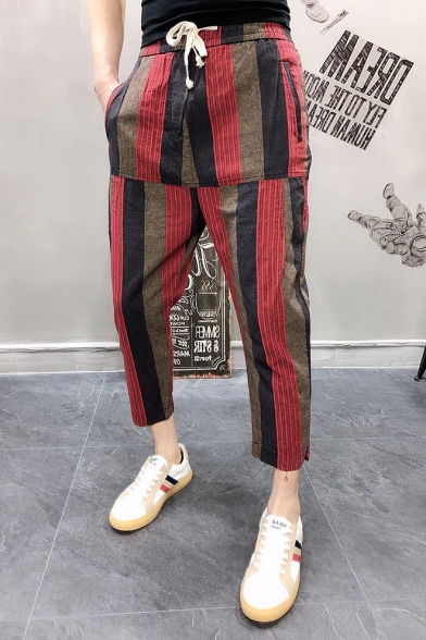 Guys Summer New Trendy Striped Printed Drawstring Waist Linen Capri Pants Tapered Pants