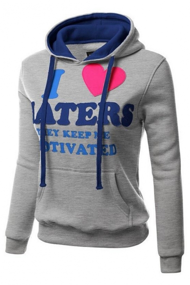 Heart Letter I LOVE HATERS Print Colorblock Long Sleeve Slim Fitted Hoodie