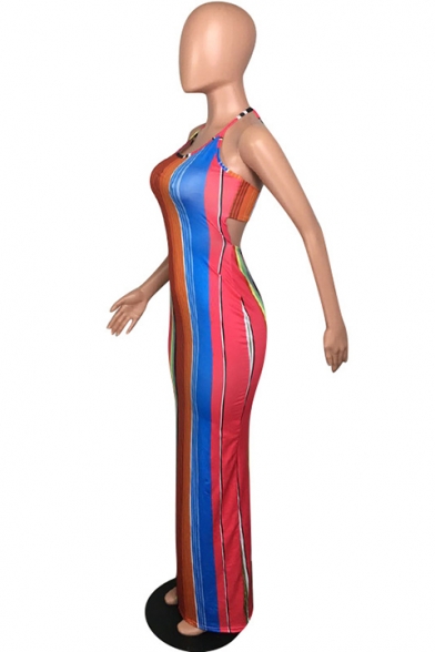 Hot Fashion Halter Neck Sleeveless Rainbow Stripes Printed Backless Bodycon Maxi Dress