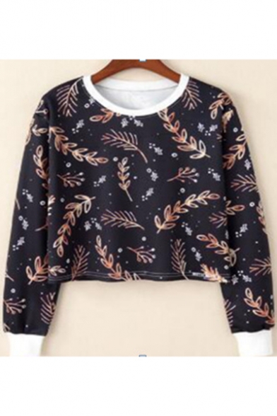 Hot Fashion Leaves Print Contrast Trim Round Neck Long Sleeve Sweatshirt for Women