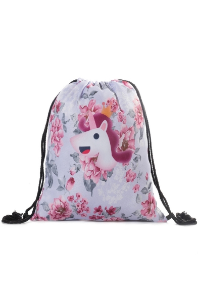 Hot Fashion Pink Unicorn Floral Printed Storage Bag Drawstring Backpack 33*39 CM