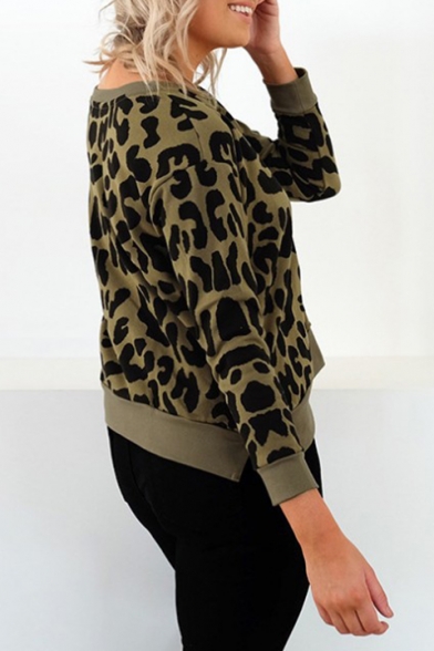 Hot Women's Leopard Printed Round Neck Long Sleeve Split Hem Pullover Army Green Sweatshirt