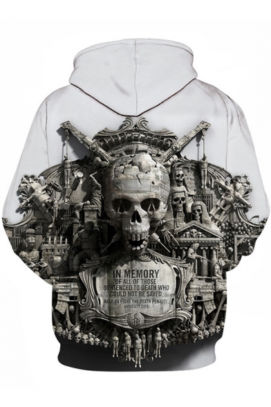 IN MEMORY Letter 3D Skull Architecture Printed White Drawstring Long Sleeve Hoodie with Pocket