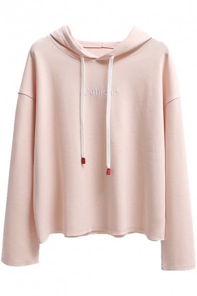 L'AMOUR Letter Embroidered Long Sleeve Drawstring Hoodie