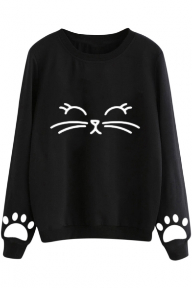 Lovely Cute Cartoon Cat Pattern Basic Round Neck Long Sleeve Loose Fit Sweatshirt
