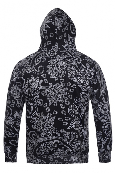 Men Fashion Black Floral Printed Long Sleeve Fitted Drawstring Hoodie
