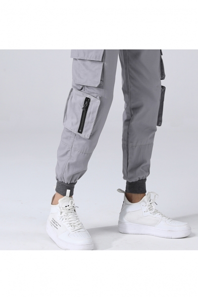 Men's Basic Drawstring Waist Multi-Pocket Gathered Cuff Cotton Loose Cargo Pants