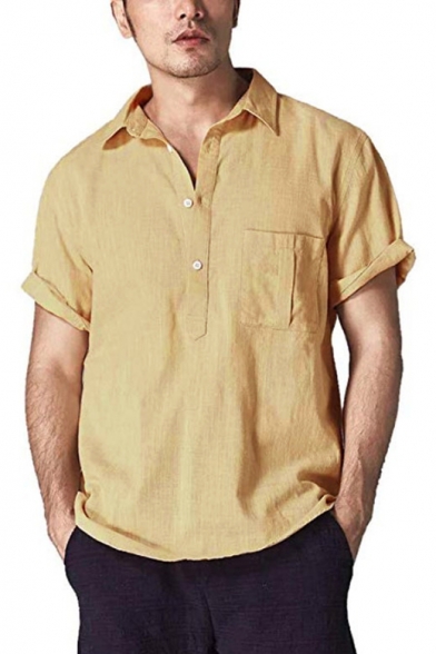 Fastbot Men Shirts Short Sleeve Polo Shirt Slim fit Baggy Cotton Linen Solid Color 3/4 Sleeve V Neck Tops Blouses 