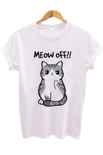 MEOW OFF Letter Cartoon Lovely Cat Printed White Round Neck Short Sleeve Tee