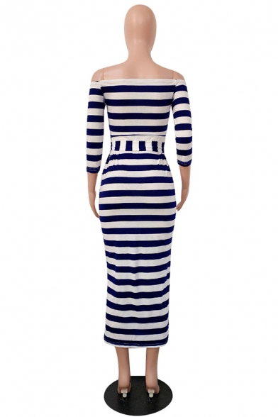 Navy and White Colorblock Stripe Off the Shoulder Three-Quarter Sleeve Bow Tie Maxi Pencil Dress