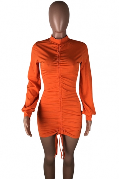 New Arrival Orange Mock Neck Lantern Sleeve Drawstring Mini Bodycon Dress
