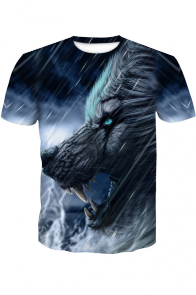 New Fashion 3D Rain Wolf Pattern Round Neck Short Sleeve Blue T-Shirt