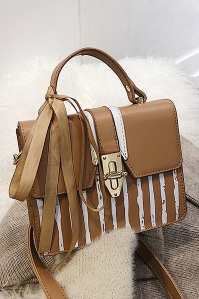New Fashion Colorblock Stripe Printed Bow Tied Square Commuter Crossbody Satchel Bag 19*14*7 CM