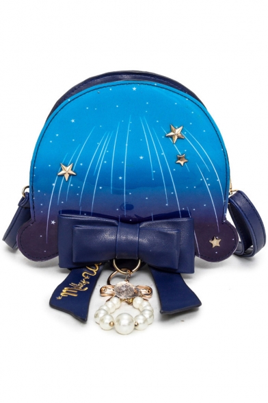 New Fashion Galaxy Starry Sky Stars Ombre Printed Pearl Bow Embellishment Crossbody Handbag 20*7*18 CM