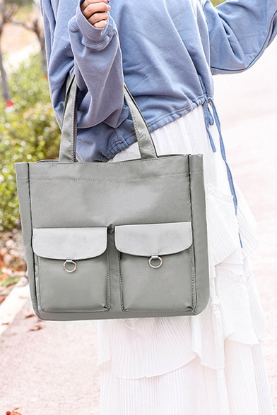 New Fashion Plain Double Pocket Front Waterproof Nylon Tote Bag Shoulder Bucket Bag 34*8*36 CM